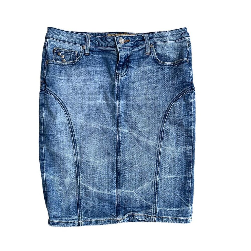 Y2K Hint Low Rise Medium Wash Denim Skirt Sz 7 Stretch Stud Pocket Detail